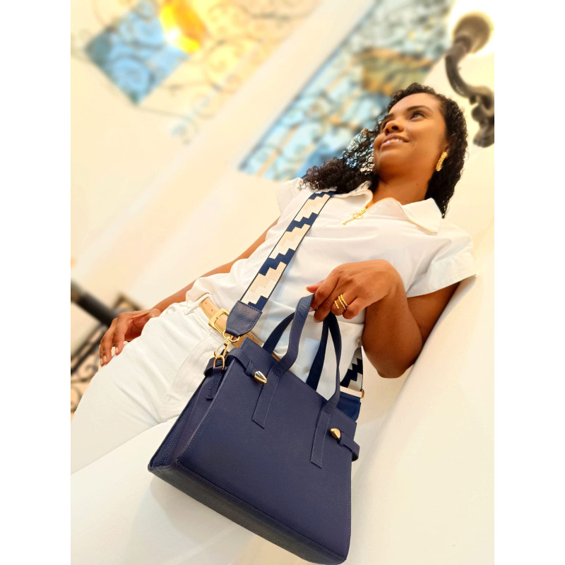 Bolso de Cuero Manos Libres con Correa Artesanal - Azul, Café y Miel Bolso de Cuero Manos Libres con Correa Artesanal - Azul, Café y Miel
